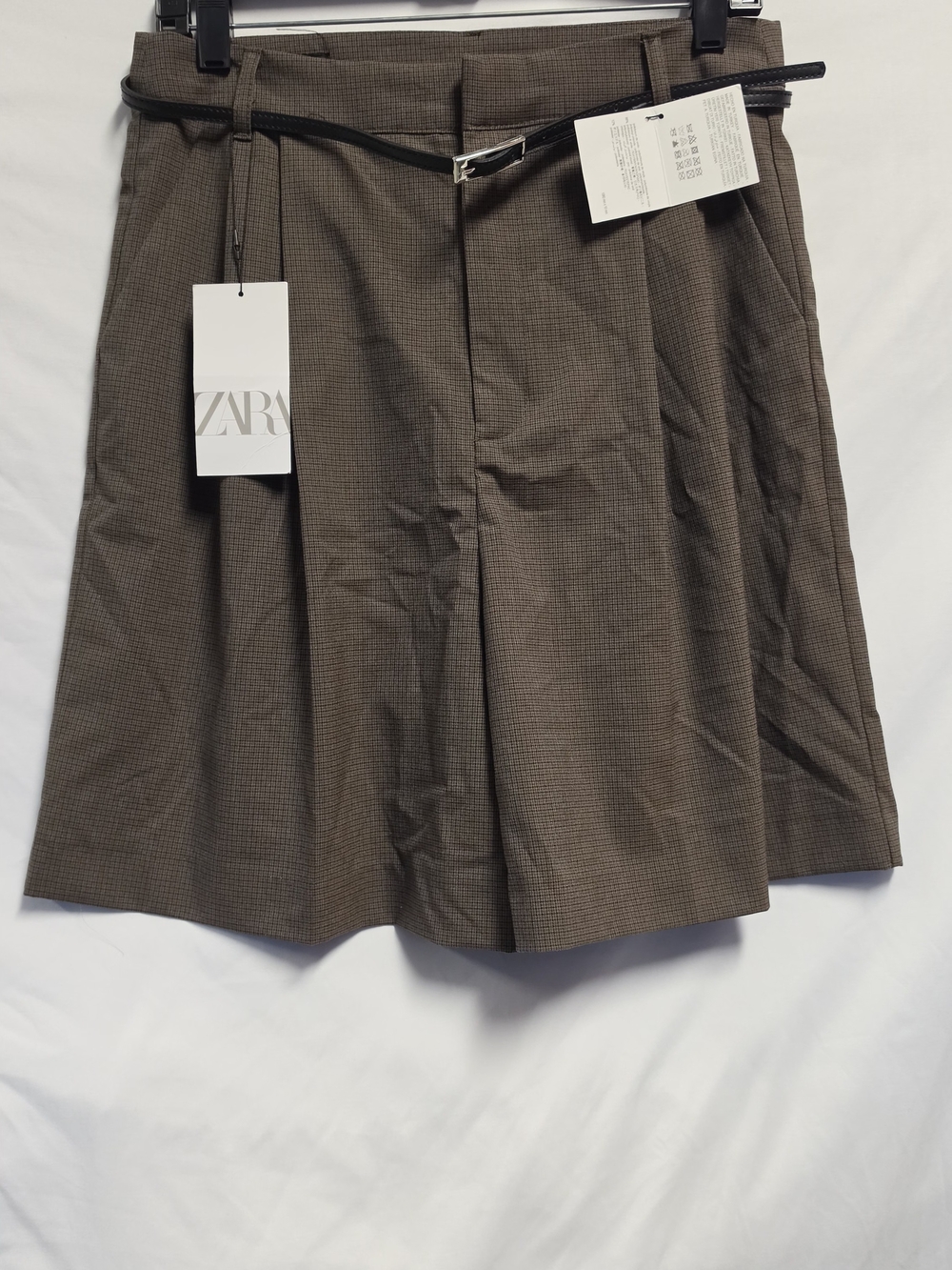 ZARA Brown Checked A-Line Pleated Short with Slim Belt